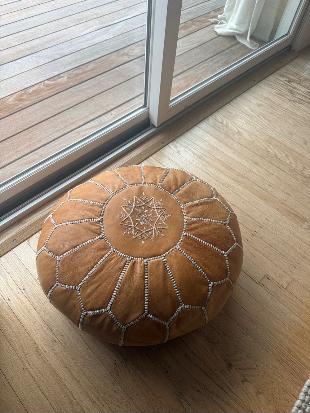 Handcrafted Tan Leather Moroccan Pouf Ottoman